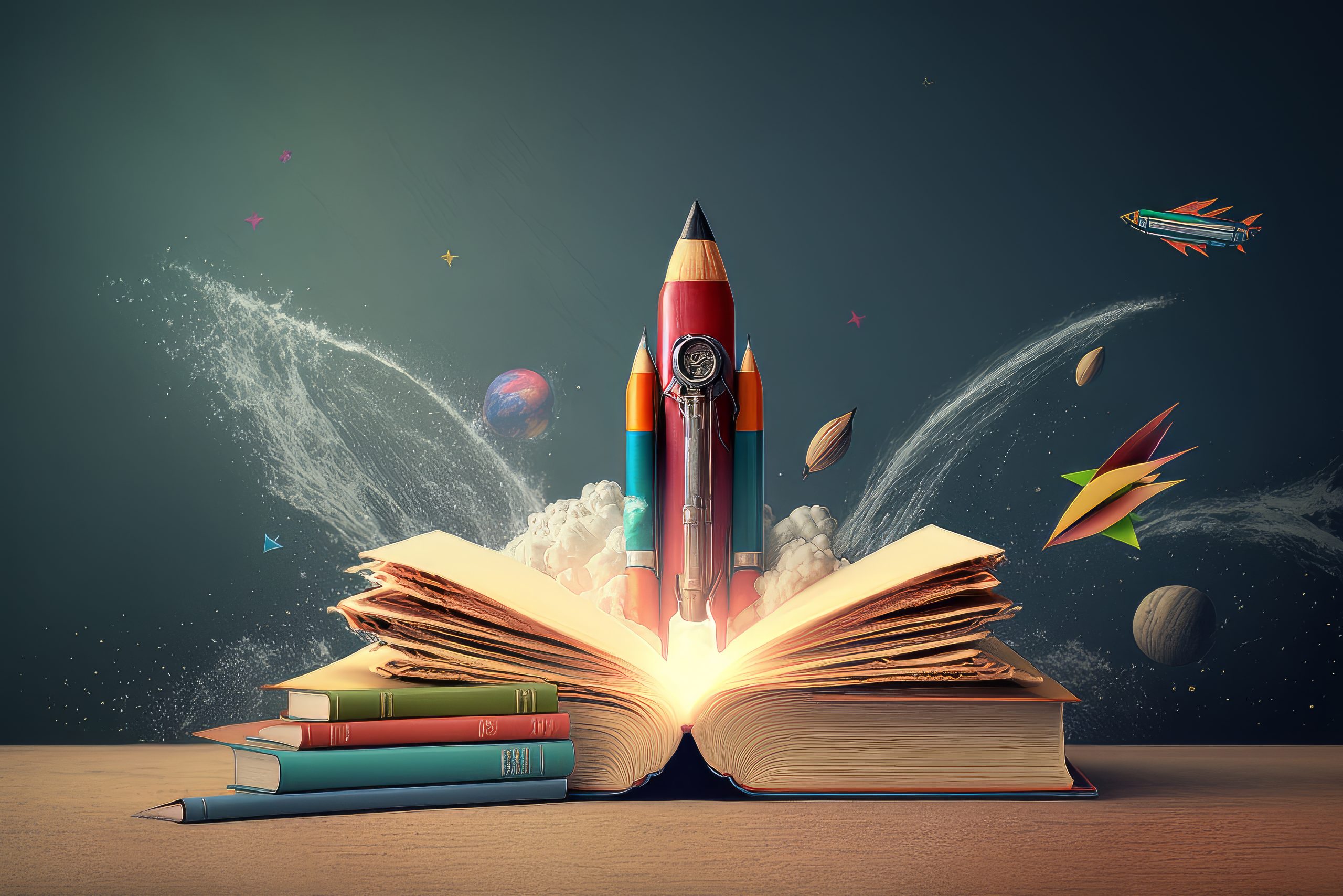 Books And Pencils With Rocket Sketch. Illustration AI Generative